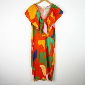Mara Hoffman Julietta Colorful Linen Ruffle V-Neck Vacation Midi Dress - XS